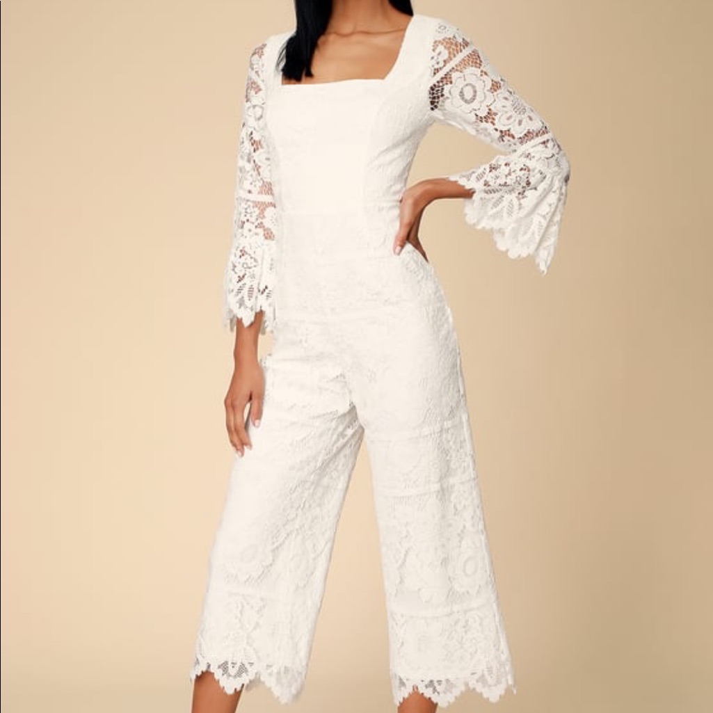 White Lace Flounce Sleeve Culotte Jumpsuit